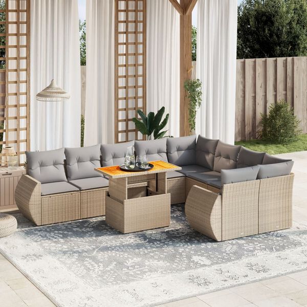 vidaXL Salon de jardin avec coussins 10 pcs beige résine tressée