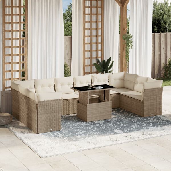 vidaXL Salon de jardin 11 pcs avec coussins beige r&eacute;sine tress&eacute;e