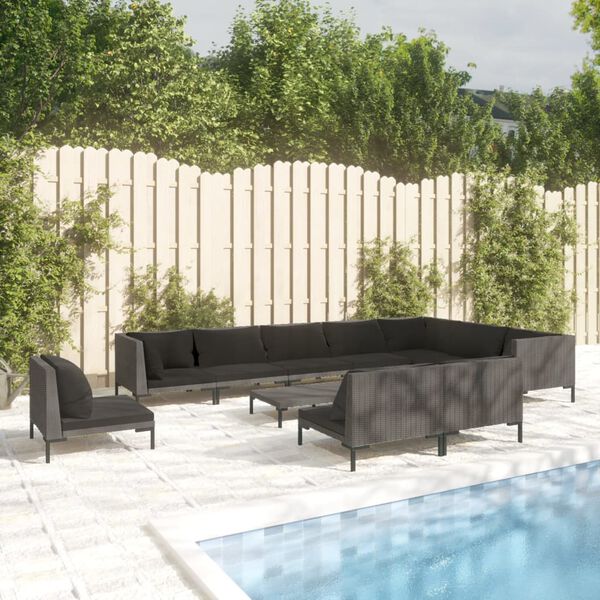 vidaXL Salon de jardin 11 pcs avec coussins R&eacute;sine tress&eacute;e Gris fonc&eacute;