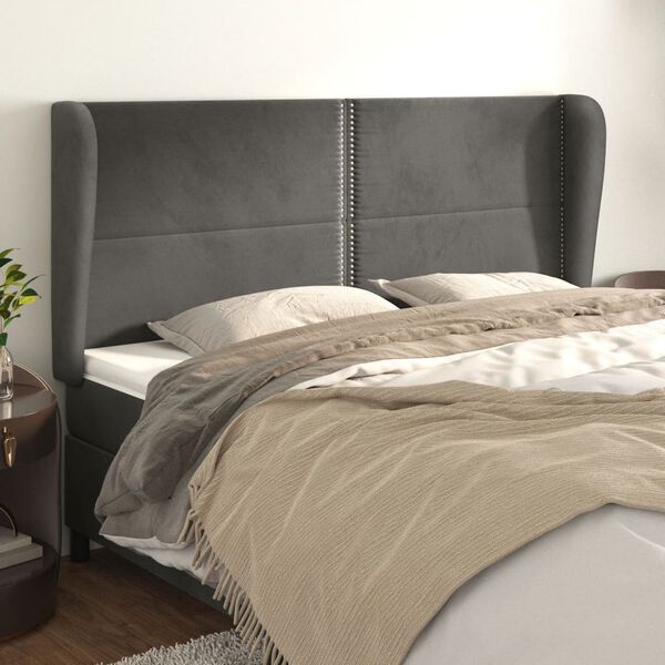vidaXL T&ecirc;te de lit avec oreilles Gris fonc&eacute; 183x23x118/128 cm Velours