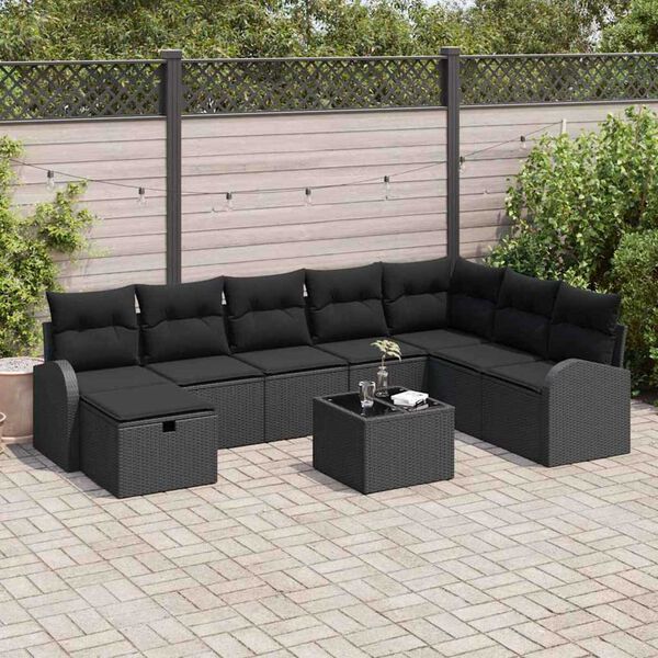 vidaXL Ensemble de canap&eacute; de jardin avec coussin 9 pcs Noir Poly rotin