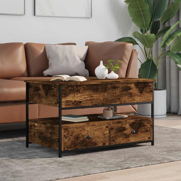 vidaXL Table basse ch&ecirc;ne fum&eacute; 85x50x50 cm bois d'ing&eacute;nierie et m&eacute;tal