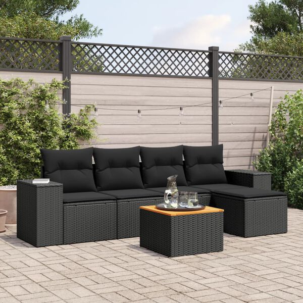 vidaXL Salon de jardin 6 pcs avec coussins noir r&eacute;sine tress&eacute;e