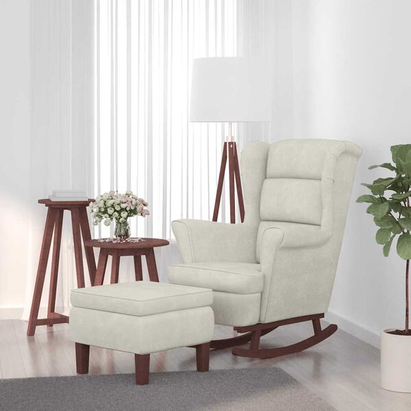 vidaXL Fauteuil à bascule à oreilles en velours crème bois massif