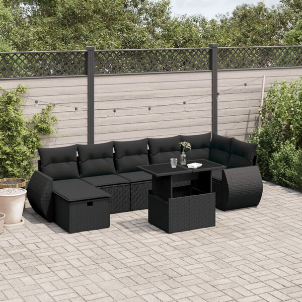vidaXL Salon de jardin 8 pcs avec coussins noir r&eacute;sine tress&eacute;e