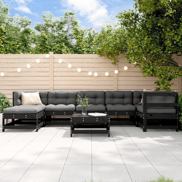 vidaXL Salon de jardin 8 pcs avec coussins noir bois massif