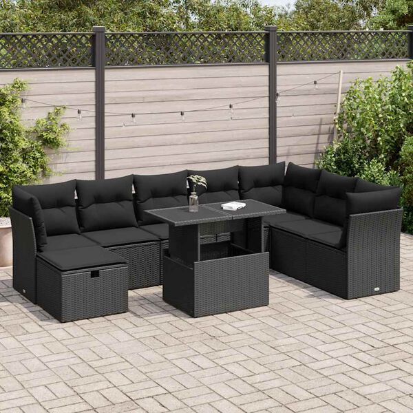 vidaXL Salon de jardin 9 pcs avec coussins noir r&eacute;sine tress&eacute;e