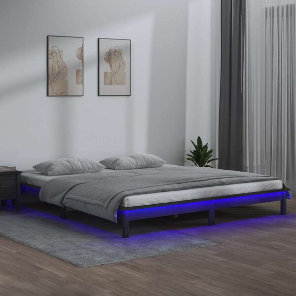 vidaXL Cadre de lit &agrave; LED sans matelas gris 120x190 cm bois massif