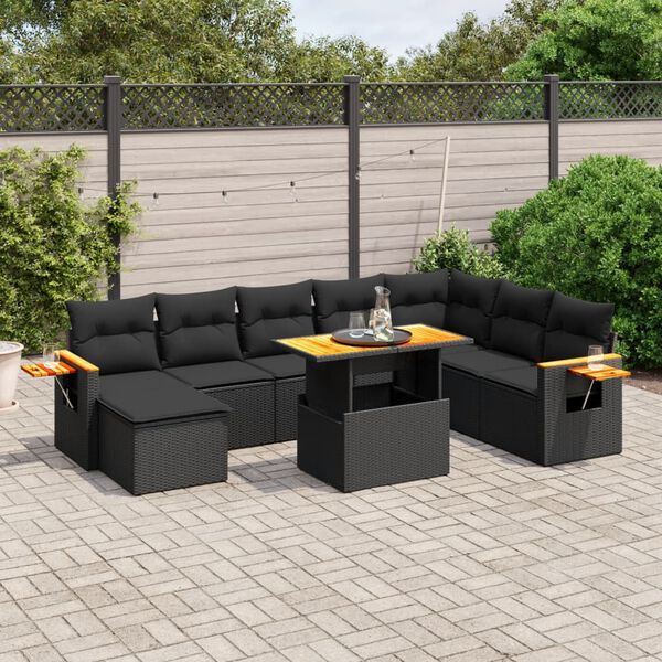 vidaXL Salon de jardin avec coussins 9 pcs noir résine tressée acacia