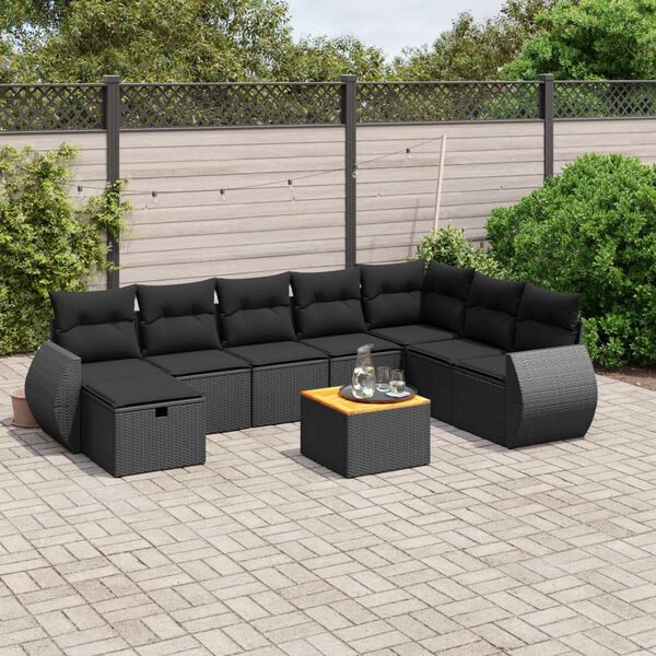 vidaXL Salon de jardin 9 pcs avec coussins noir r&eacute;sine tress&eacute;e