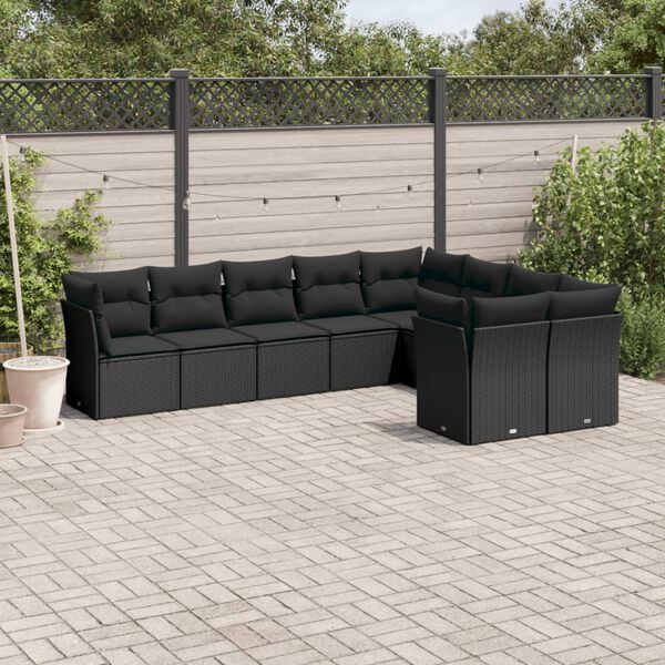 vidaXL Salon de jardin 9 pcs avec coussins noir r&eacute;sine tress&eacute;e