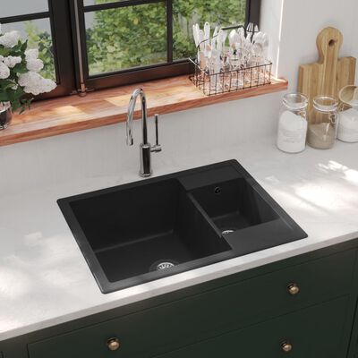 vidaXL Évier de cuisine et deux lavabos trou de trop-plein Noir Granit