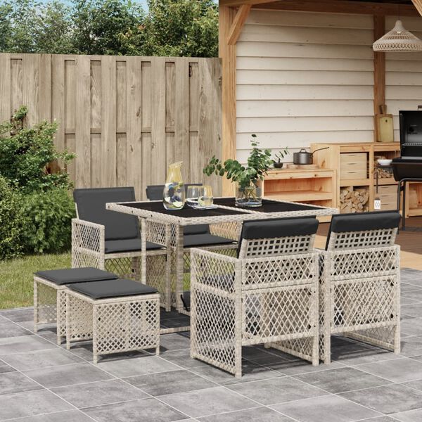 vidaXL Ensemble &agrave; manger de jardin et coussins 9 pcs gris clair rotin