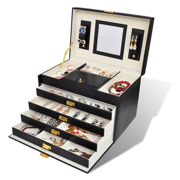 Bo&icirc;te &agrave; bijoux 5 plateaux et 4 tiroirs avec mirroir noir