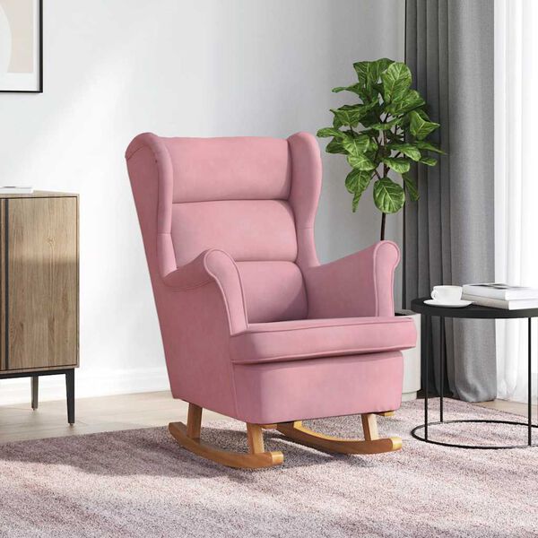 vidaXL Fauteuil &agrave; bascule &agrave; oreilles en velours rose bois massif