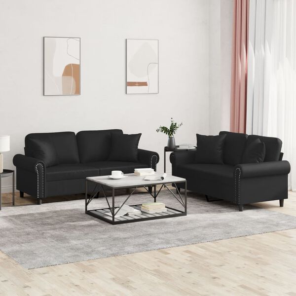 vidaXL Ensemble de canapés 2 pcs avec coussins noir similicuir