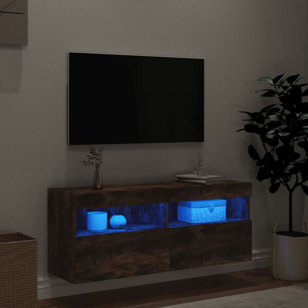 vidaXL Meuble TV mural avec lumi&egrave;res LED ch&ecirc;ne fum&eacute; 100x30x40 cm