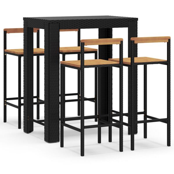 vidaXL Ensemble de bar jardin 5 pcs noir poly rotin/bois massif acacia