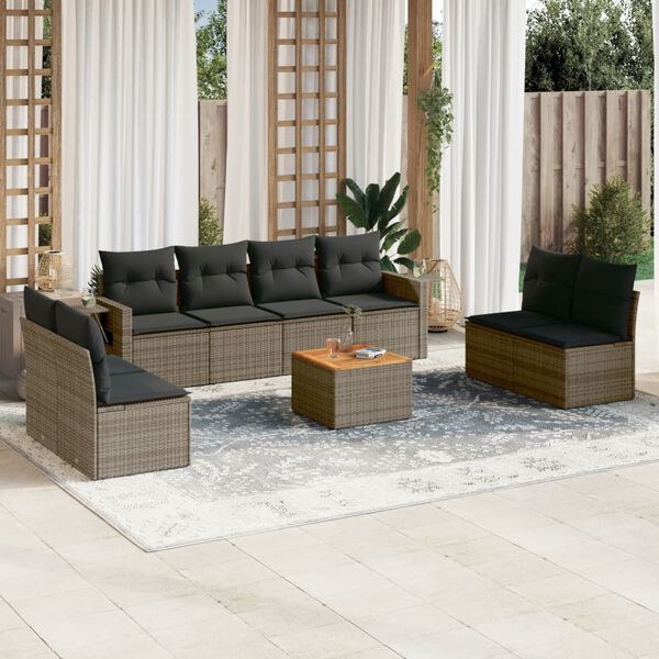 vidaXL Salon de jardin 9 pcs avec coussins gris r&eacute;sine tress&eacute;e