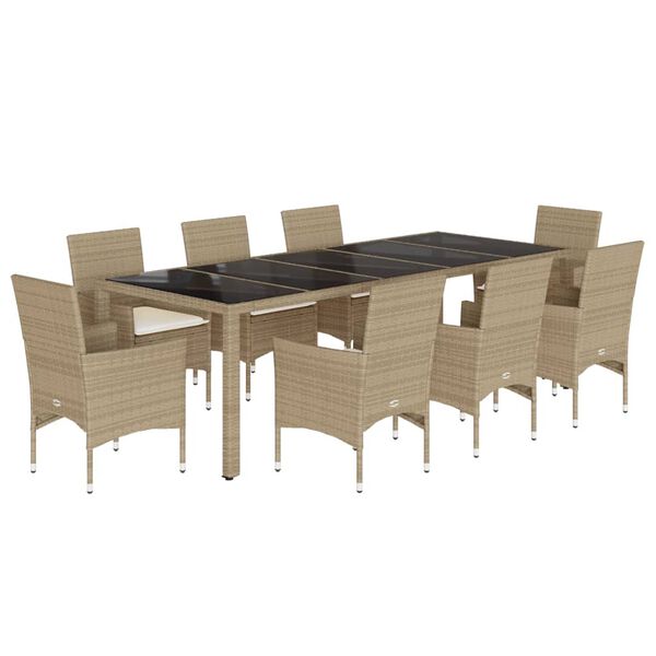 vidaXL Ensemble &agrave; manger de jardin et coussins 9 pcs beige rotin verre