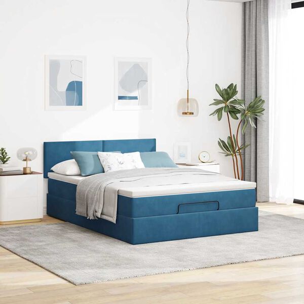 vidaXL Cadre de lit ottoman avec matelas bleu fonc&eacute; 140x200 cm velours