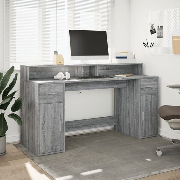 vidaXL Bureau et lumières LED sonoma gris 160x55x91 cm bois ingénierie