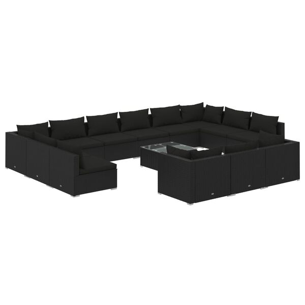 vidaXL Salon de jardin 14 pcs avec coussins Noir R&eacute;sine tress&eacute;e