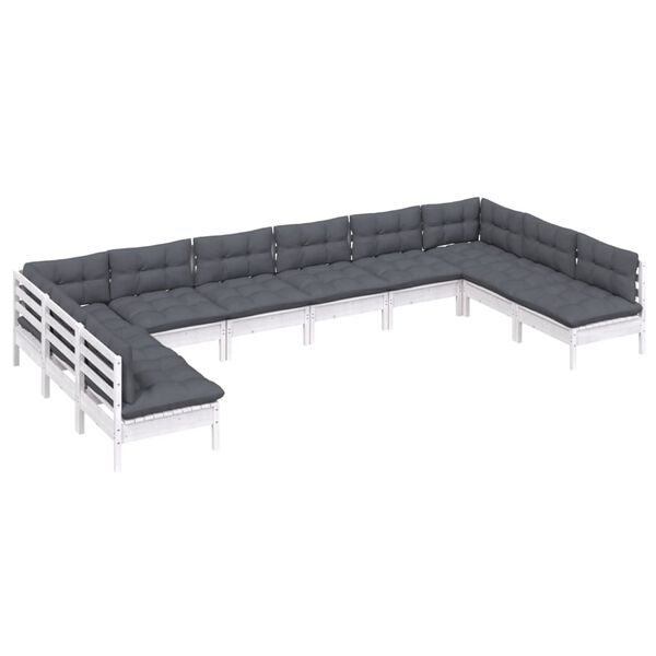 vidaXL Salon de jardin 10 pcs avec coussins blanc bois de pin massif