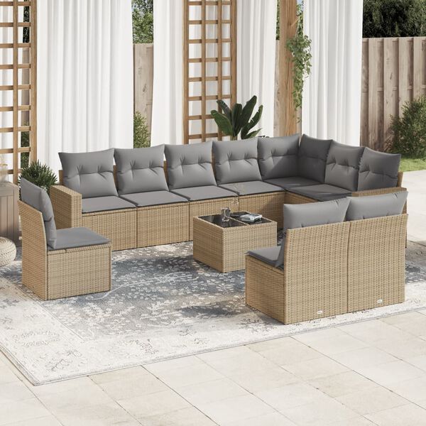 vidaXL Salon de jardin 11 pcs avec coussins beige r&eacute;sine tress&eacute;e