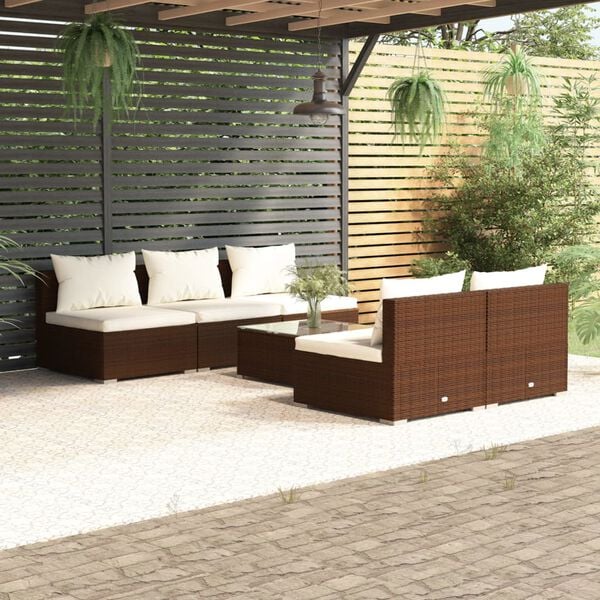 vidaXL Salon de jardin 6 pcs avec coussins R&eacute;sine tress&eacute;e Marron