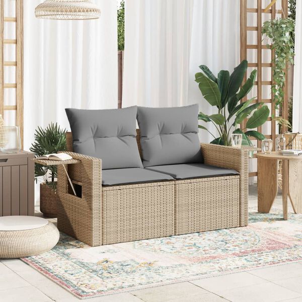 vidaXL Canap&eacute; de jardin avec coussins 2 places beige r&eacute;sine tress&eacute;e