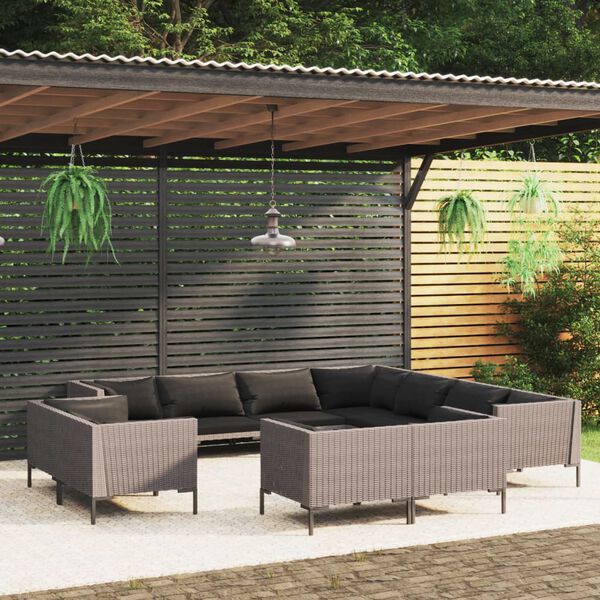 vidaXL Salon de jardin 11 pcs avec coussins R&eacute;sine tress&eacute;e Gris fonc&eacute;