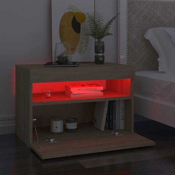vidaXL Table de chevet avec lumi&egrave;res LED ch&ecirc;ne sonoma 60x35x40 cm