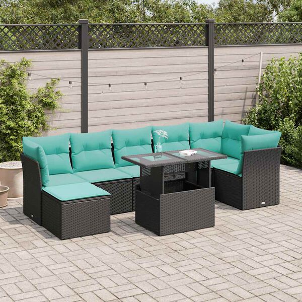vidaXL Salon de jardin avec coussins 8 pcs noir r&eacute;sine tress&eacute;e acacia