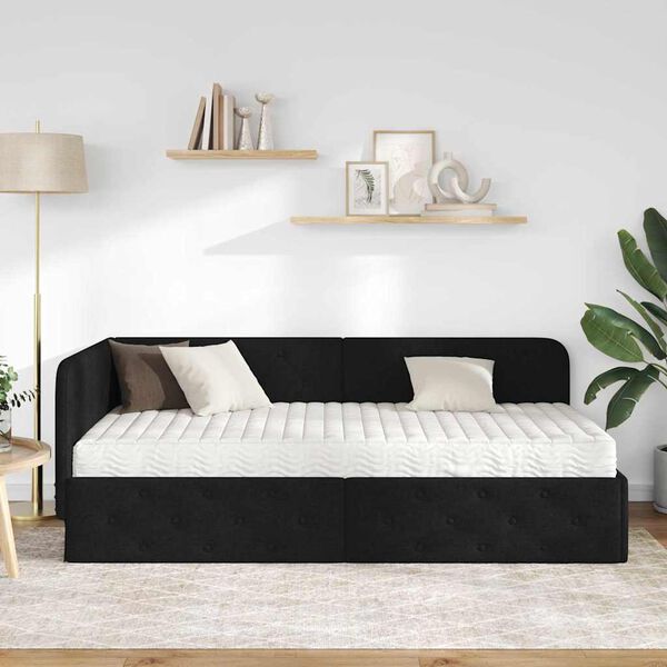 vidaXL Cadre de lit d'angle avec matelas Noir 100 x 200 cm tissu