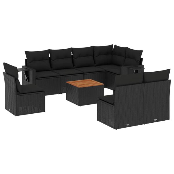 vidaXL Salon de jardin 9 pcs avec coussins noir résine tressée