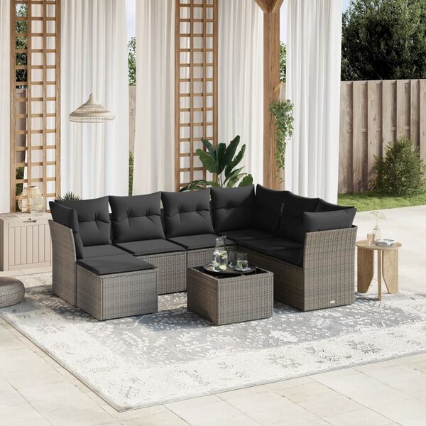 vidaXL Salon de jardin 8 pcs avec coussins gris r&eacute;sine tress&eacute;e