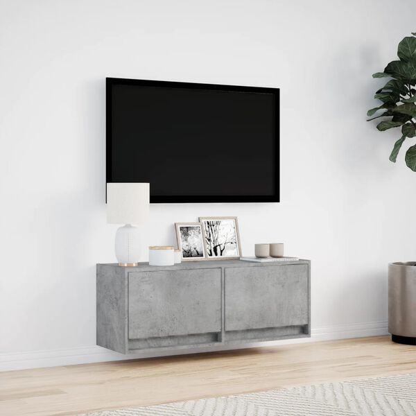 vidaXL Meuble TV mural avec lumi&egrave;res LED gris b&eacute;ton 100x31x35 cm