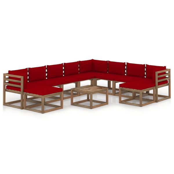 vidaXL Salon de jardin 11 pcs avec coussins Rouge bordeaux