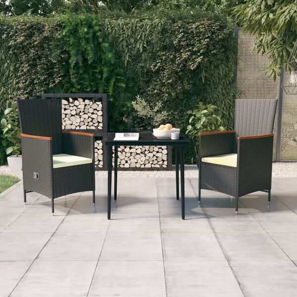vidaXL Ensemble &agrave; manger de jardin avec coussins 3 pcs noir