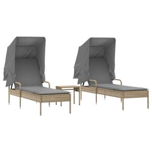 vidaXL Chaises longues lot de 2 avec auvents et table beige poly rotin