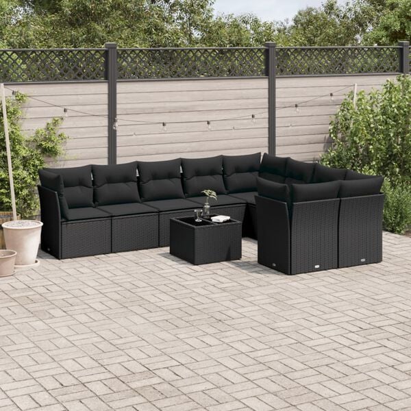 vidaXL Salon de jardin 10 pcs avec coussins noir r&eacute;sine tress&eacute;e