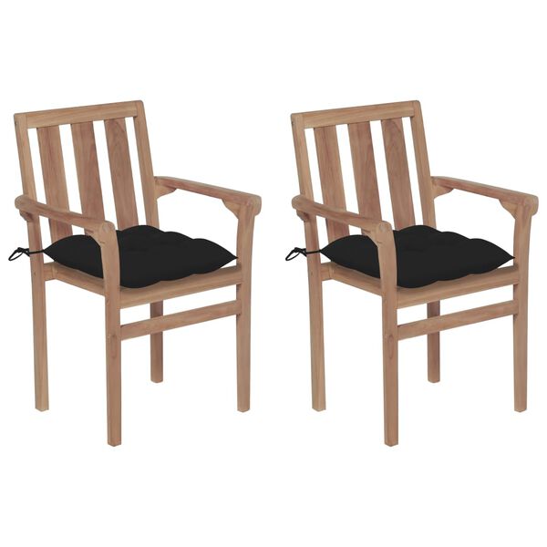 vidaXL Chaises de jardin lot de 2 et coussins noir Bois de teck massif