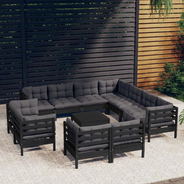 vidaXL Salon de jardin 12 pcs avec coussins Noir Bois de pin solide