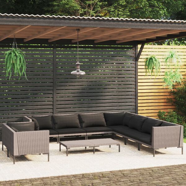 vidaXL Salon de jardin 10 pcs avec coussins R&eacute;sine tress&eacute;e Gris fonc&eacute;