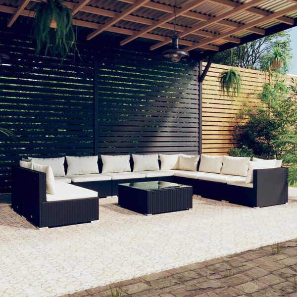 vidaXL Salon de jardin 11 pcs avec coussins noir r&eacute;sine tress&eacute;e