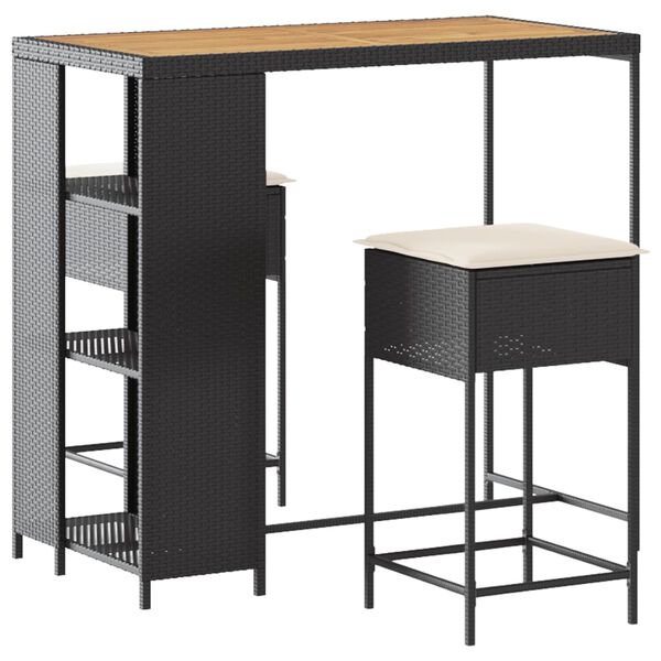 vidaXL Ensemble de bar de jardin 3 pcs avec coussins noir poly rotin