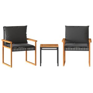 vidaXL Ensemble de bistro 3 pcs et coussins noir r&eacute;sine tress&eacute;e acacia