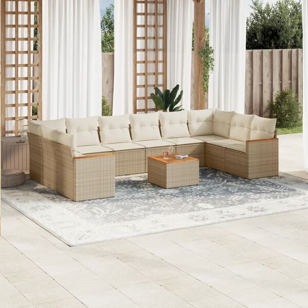 vidaXL Salon de jardin 11 pcs avec coussins beige r&eacute;sine tress&eacute;e