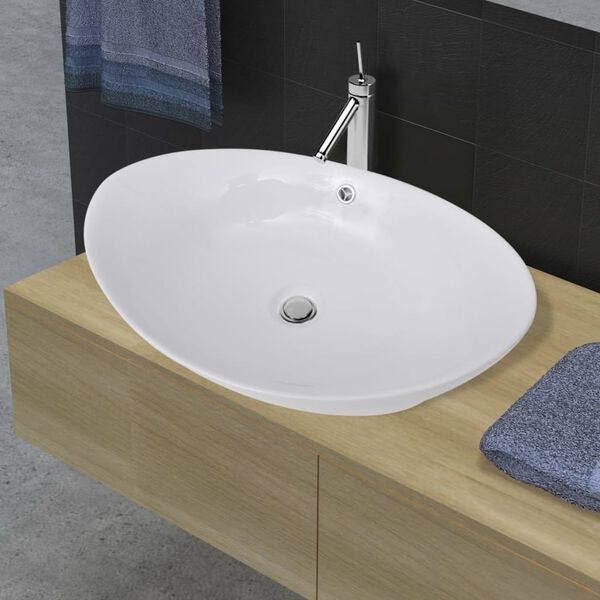 vidaXL Lavabo ovale en c&eacute;ramique avec trop-plein 59x38,6 cm